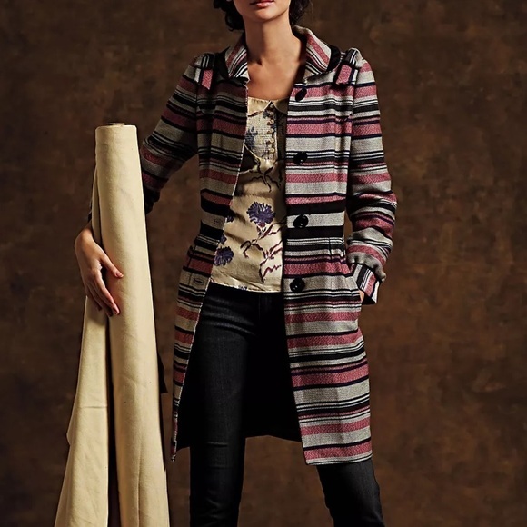 Anthropologie Elevenses Pattern Makers Coat Stripe Colorblock Bow Shoulder 6 - Picture 4 of 16